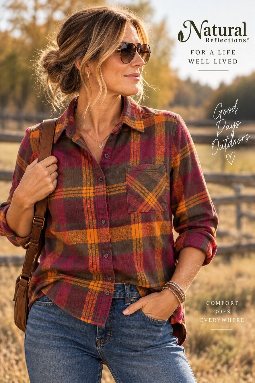 Natural Reflections Women’s Sz L 100% Cotton Plaid Flannel Shirt Burgundy Orange